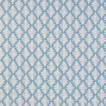 Detail of fabric in a repeating fern leaf print in white on a light blue field.