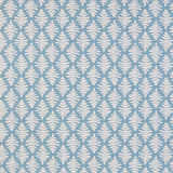 Detail of fabric in a repeating fern leaf print in white on a light blue field.