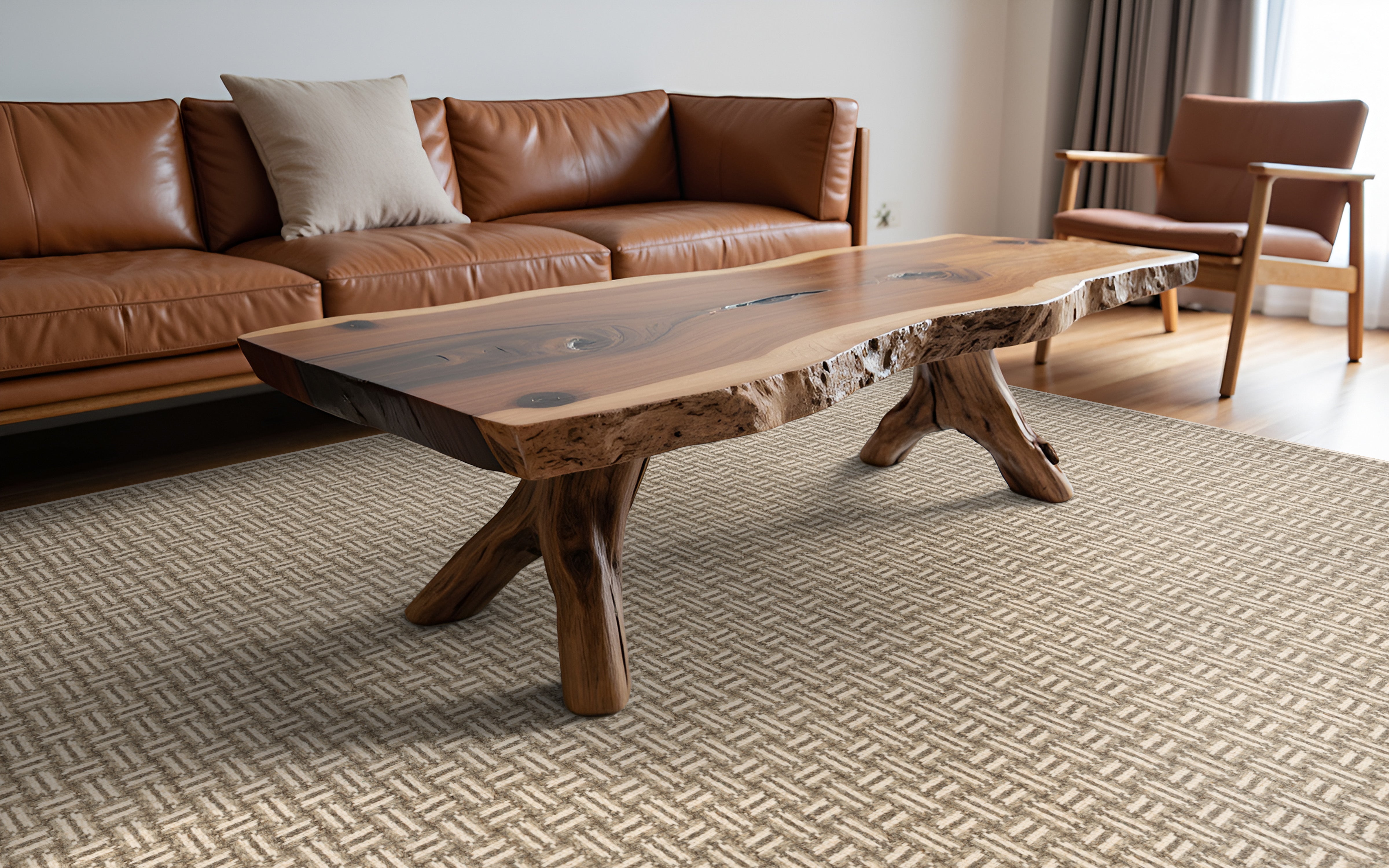 Living room with a wooden coffee table and brown leather sofa.