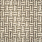 Broadloom carpet with a geometric herringbone design in cream, grey and taupe.