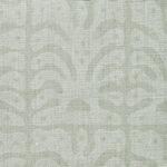 Detail of fabric in an abstract leaf print in light green and gray.