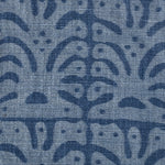 Detail of fabric in an abstract leaf print in blue on a navy field.