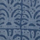 Detail of fabric in an abstract leaf print in blue on a navy field.