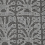 Detail of fabric in an abstract leaf print in gray on a charcoal field.