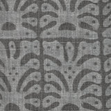 Detail of fabric in an abstract leaf print in gray on a charcoal field.