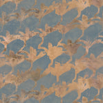 Detail of wallpaper in an abstract lotus print in gold on a dusty blue field.