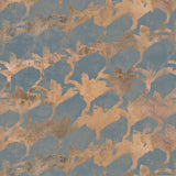 Detail of wallpaper in an abstract lotus print in gold on a dusty blue field.