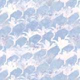 Detail of wallpaper in an abstract lotus print in mottled white and purple on a light blue field.