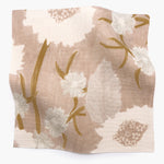 Square fabric swatch in a playful floral print in shades of pink, white and tan on a light pink field.