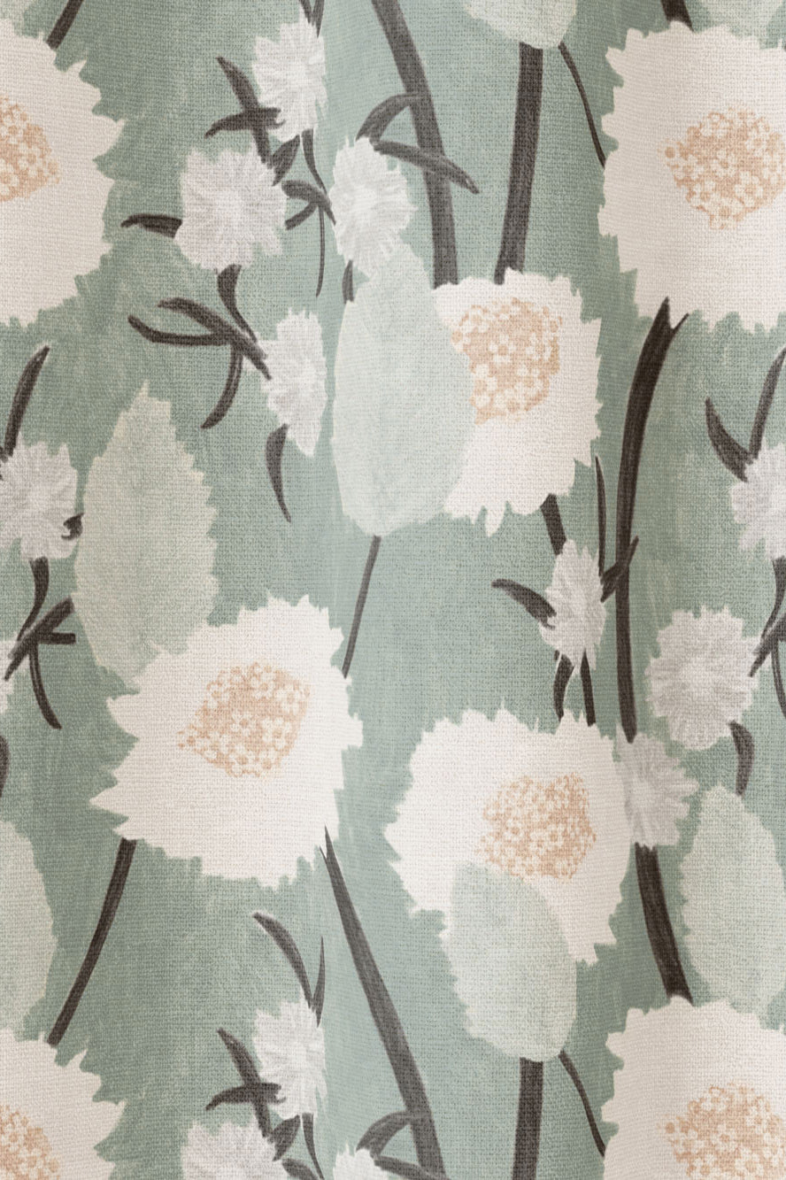 Draped fabric in a playful floral print in shades of white, pink and gray on a pale green field.