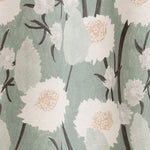 Draped fabric in a playful floral print in shades of white, pink and gray on a pale green field.