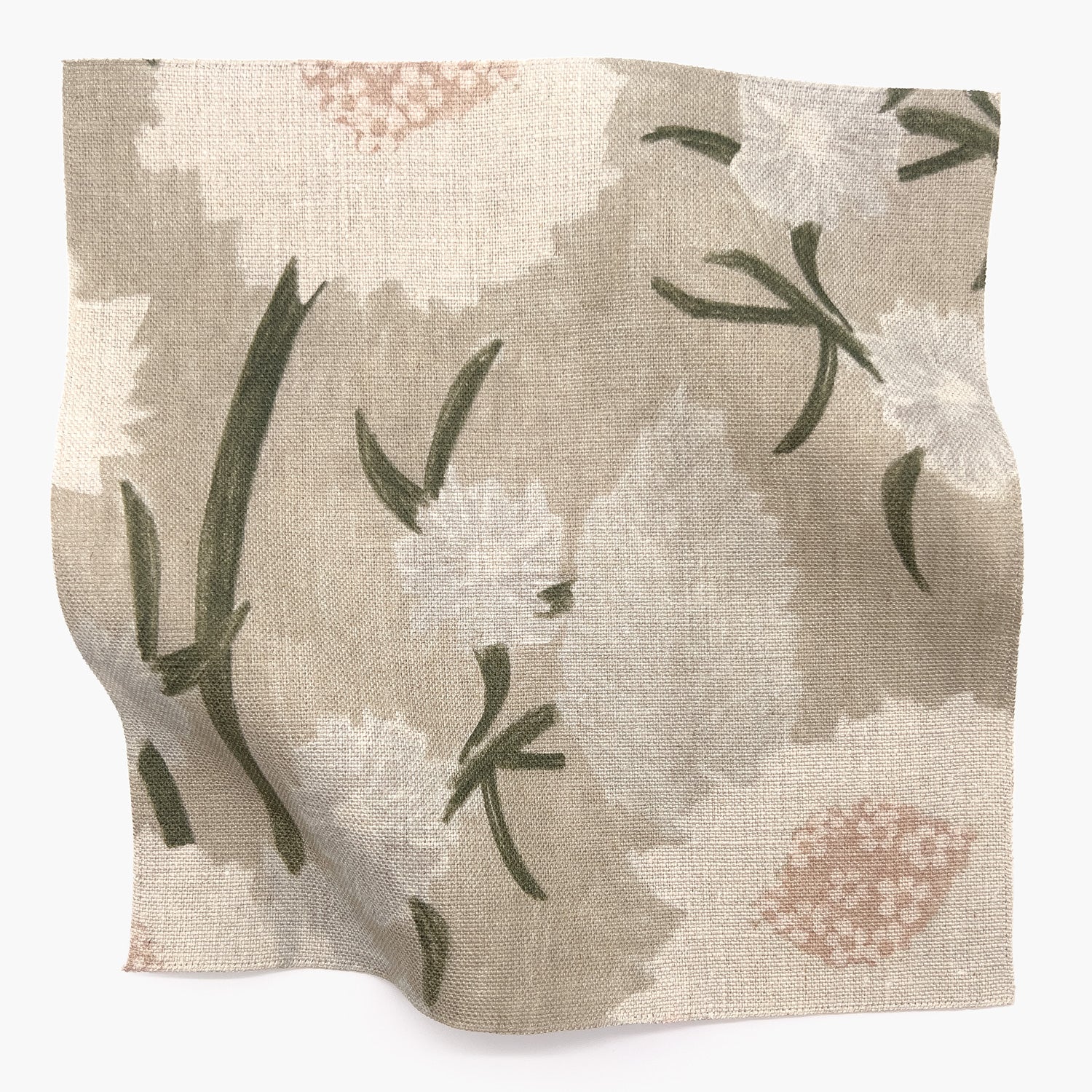 Square fabric swatch in a playful floral print in shades of white, olive and gray on a cream field.