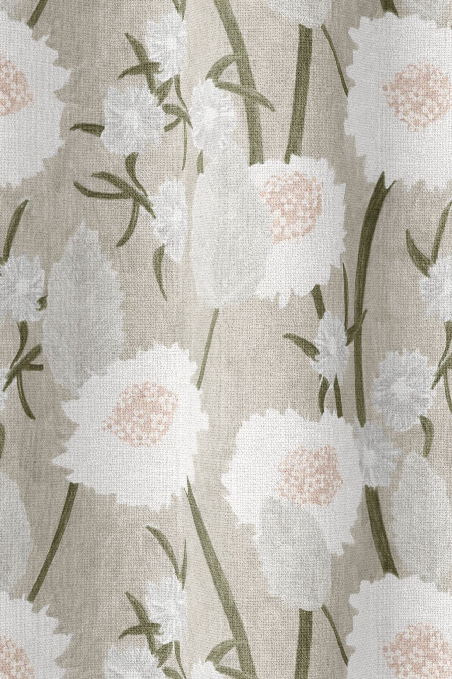 Draped fabric in a playful floral print in shades of white, olive and gray on a cream field.