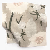 Square fabric swatch in a playful floral print in shades of white, olive and gray on a cream field.