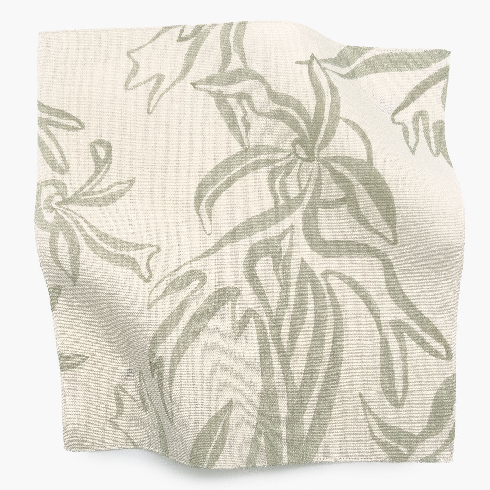 Square fabric swatch in a painterly leaf print in greige on a cream field.