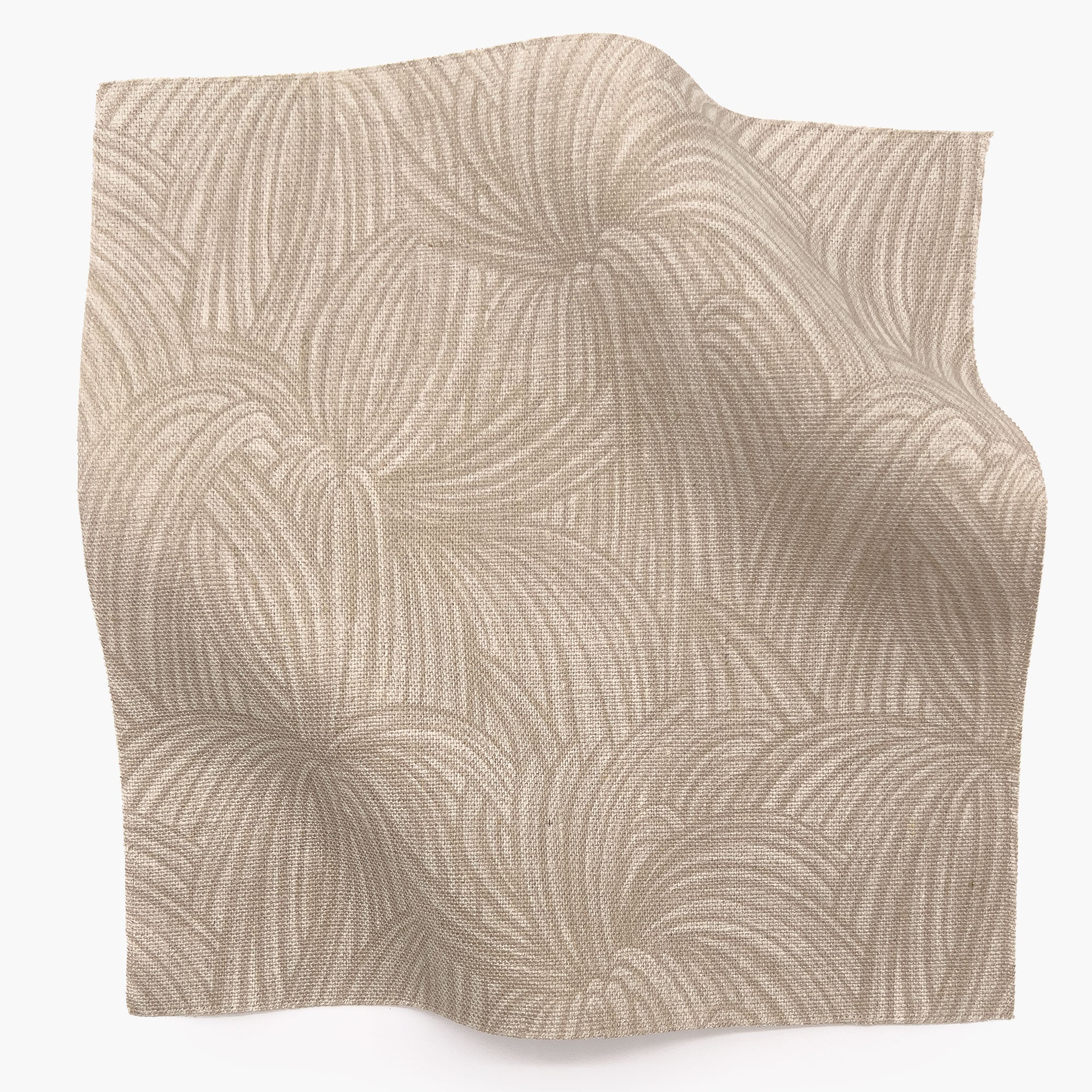 Square fabric swatch in a textural painted print in tan on a cream field.