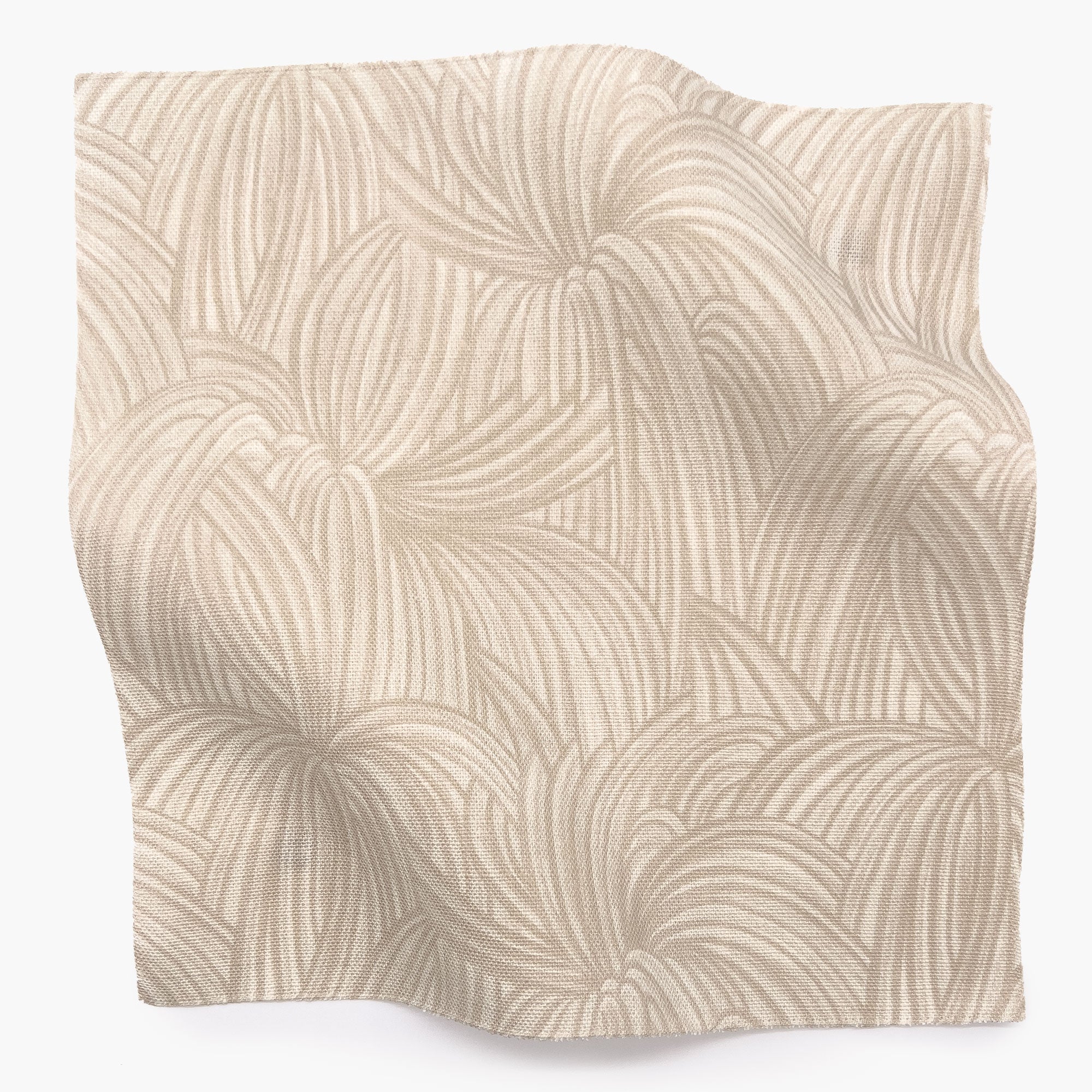 Square fabric swatch in a textural painted print in tan on a cream field.