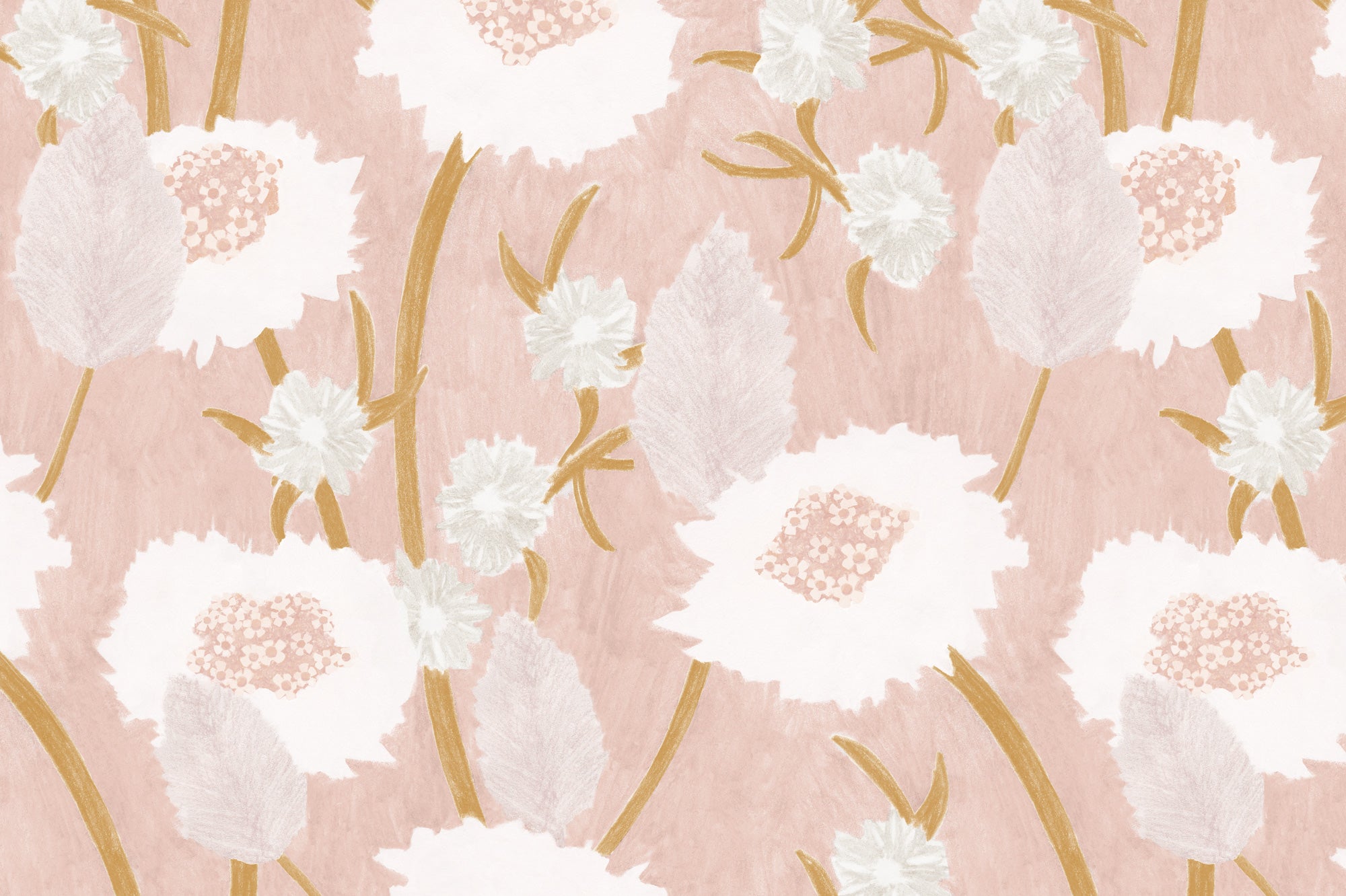 Detail of wallpaper in a playful floral print in shades of pink, white and tan on a light pink field.