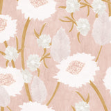 Detail of wallpaper in a playful floral print in shades of pink, white and tan on a light pink field.