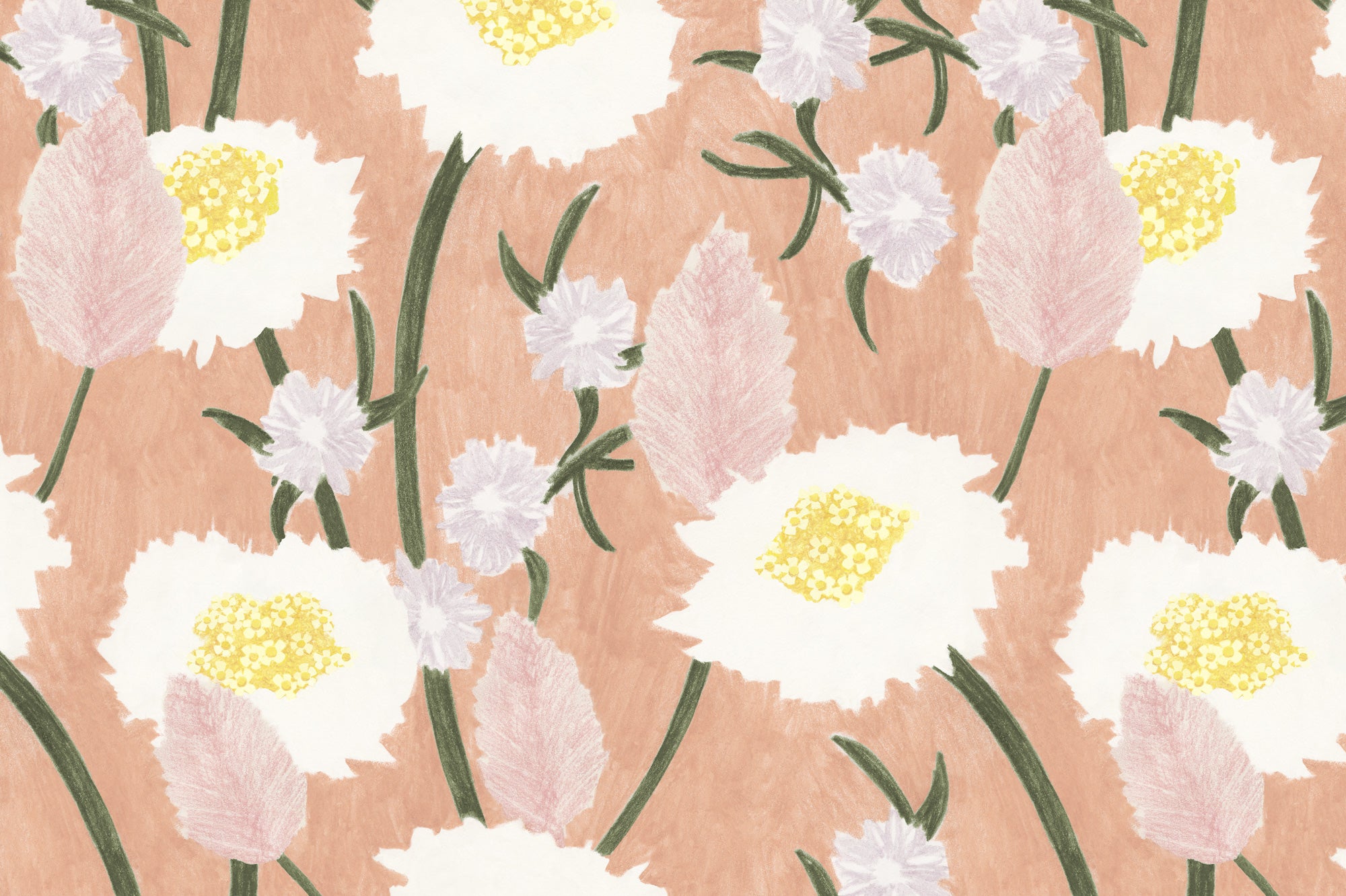 Detail of wallpaper in a playful floral print in shades of white, yellow, green and pink on a coral field.