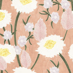 Detail of wallpaper in a playful floral print in shades of white, yellow, green and pink on a coral field.