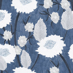 Detail of wallpaper in a playful floral print in shades of white and gray on a navy field.