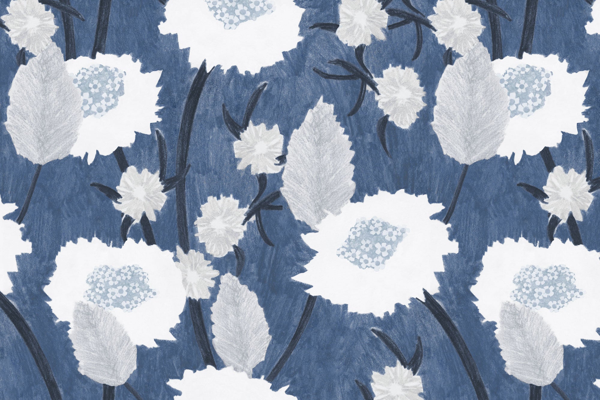 Detail of wallpaper in a playful floral print in shades of white and gray on a navy field.