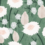 Detail of wallpaper in a playful floral print in shades of white, pink and green on a light green field.