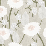 Detail of wallpaper in a playful floral print in shades of white, olive and gray on a cream field.