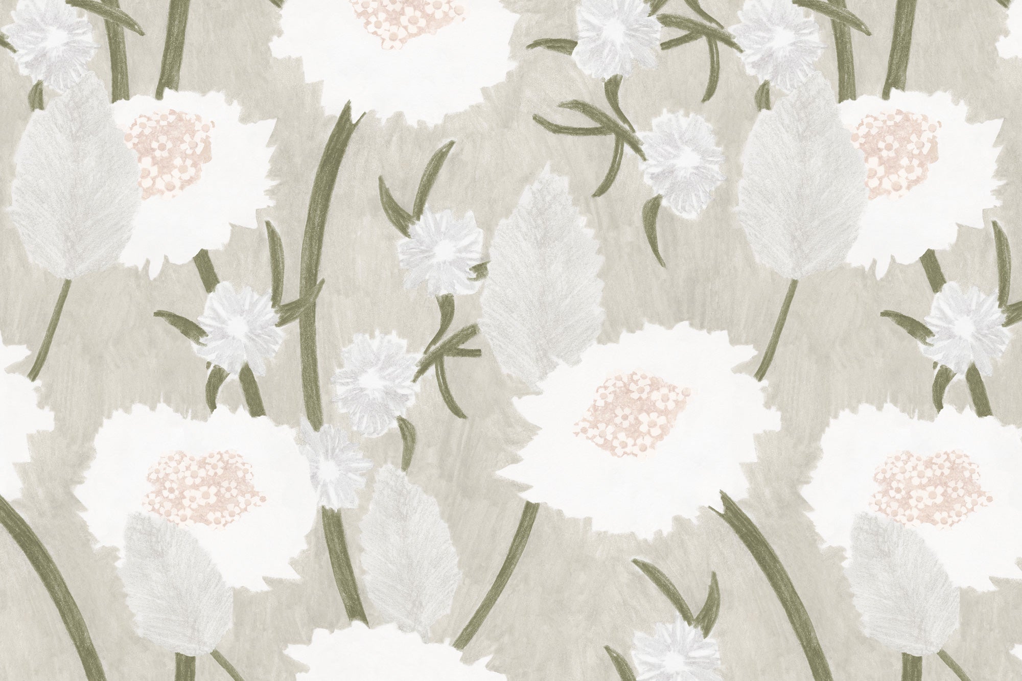 Detail of wallpaper in a playful floral print in shades of white, olive and gray on a cream field.