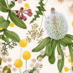 Detail of wallpaper in a large-scale botanical print in shades of pink, yellow and green on a cream field.