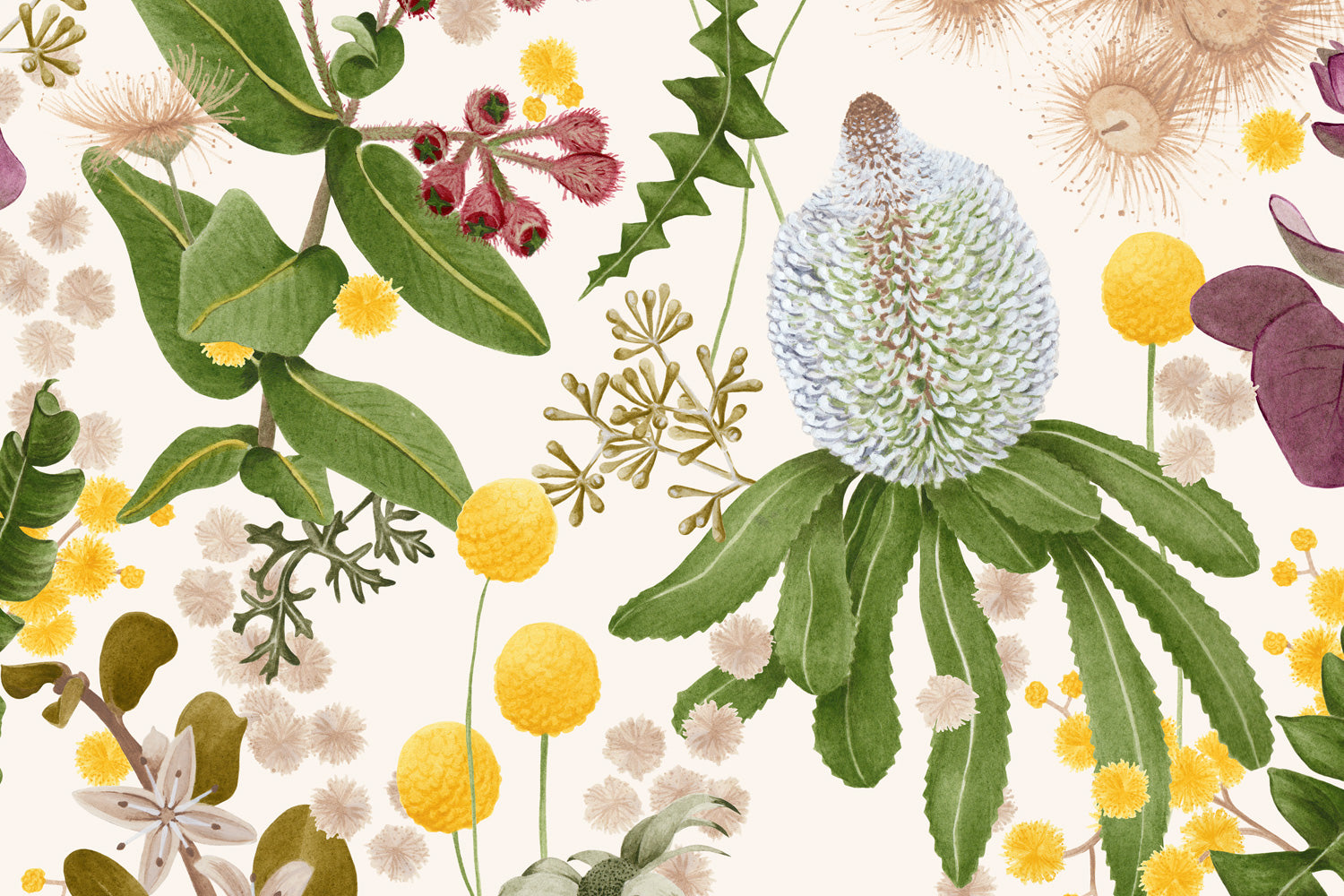 Detail of wallpaper in a large-scale botanical print in shades of pink, yellow and green on a cream field.