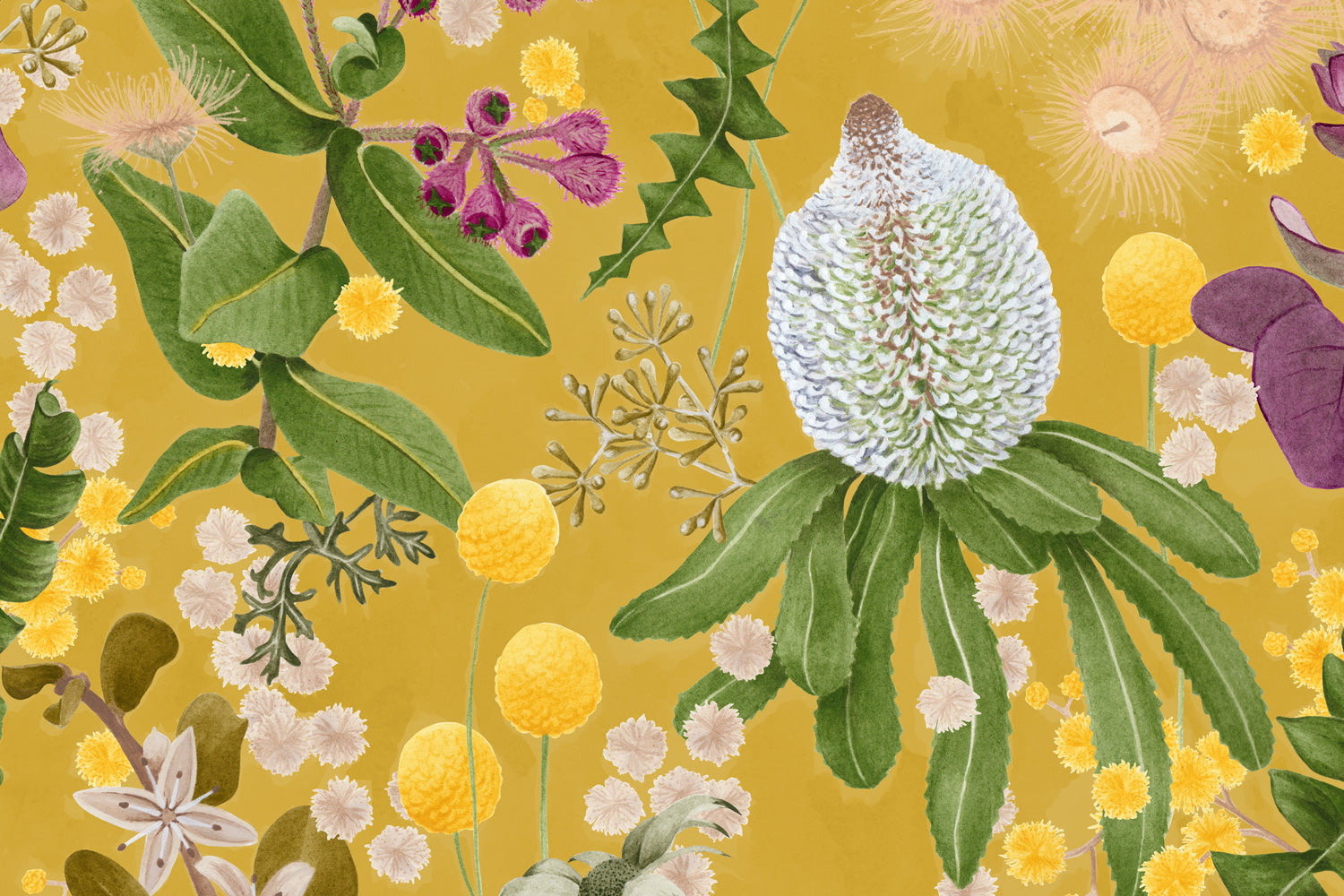 Detail of wallpaper in a large-scale botanical print in shades of pink, yellow and green on a mustard field.