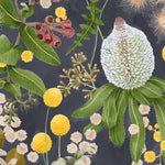 Detail of wallpaper in a large-scale botanical print in shades of pink, yellow and green on a navy field.