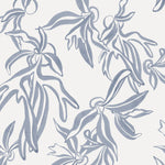 Detail of wallpaper in a painterly leaf print in blue-gray on a white field.