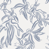 Detail of wallpaper in a painterly leaf print in blue-gray on a white field.