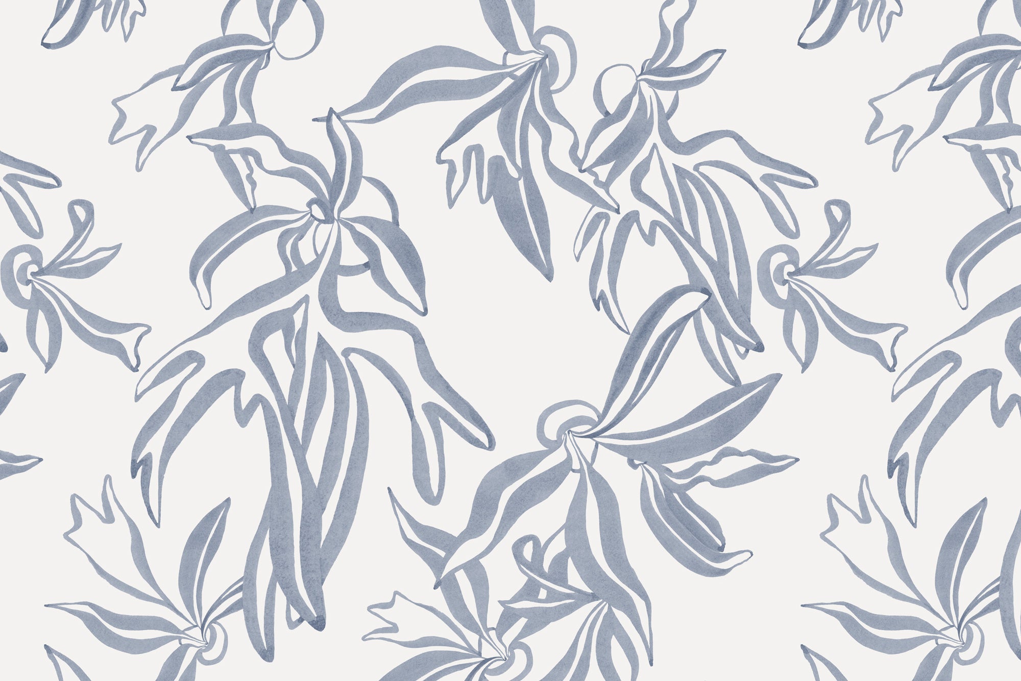 Detail of wallpaper in a painterly leaf print in blue-gray on a white field.