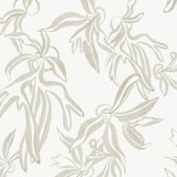 Detail of wallpaper in a painterly leaf print in cream on a white field.