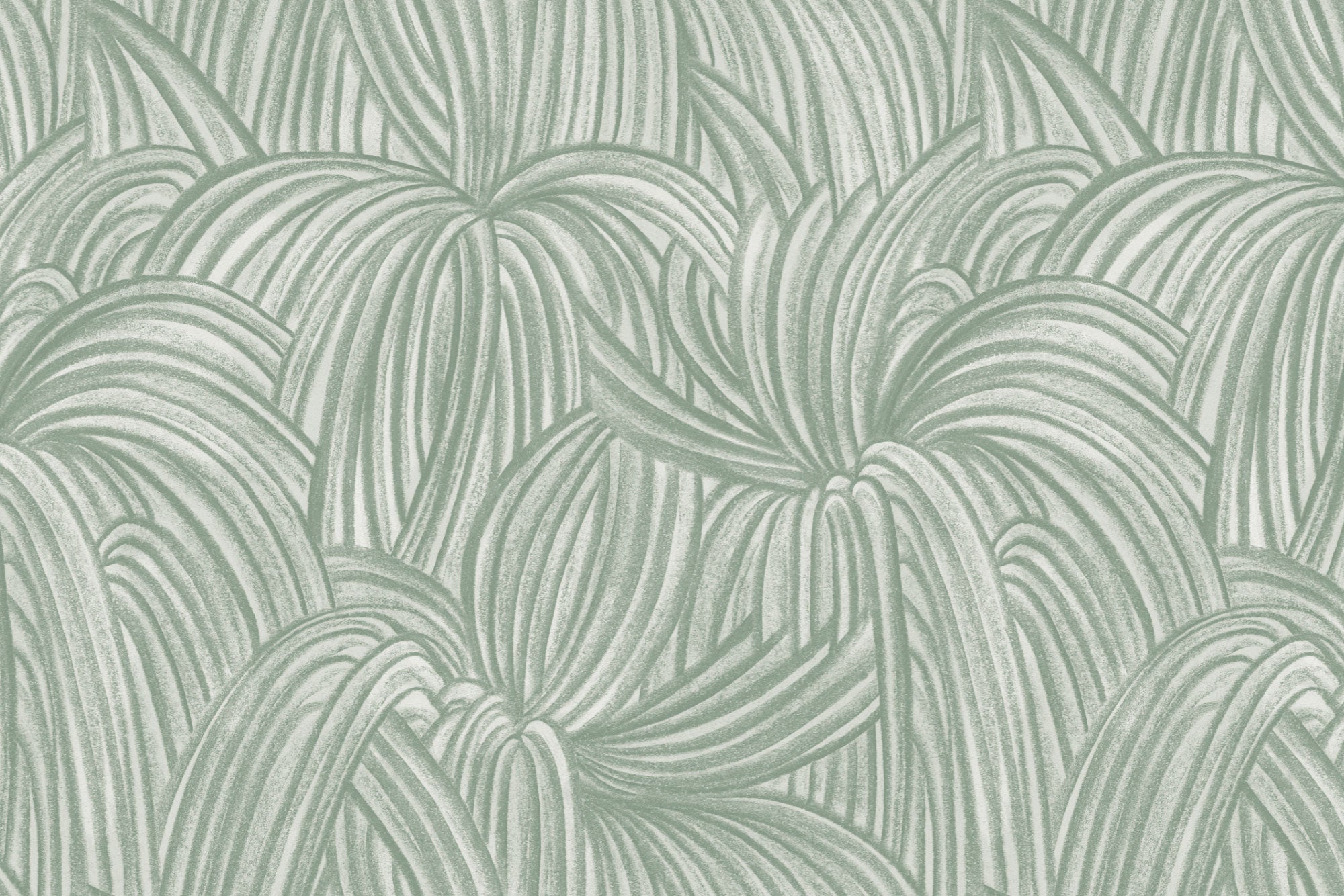 Detail of wallpaper in a textural painted print in sage on a cream field.