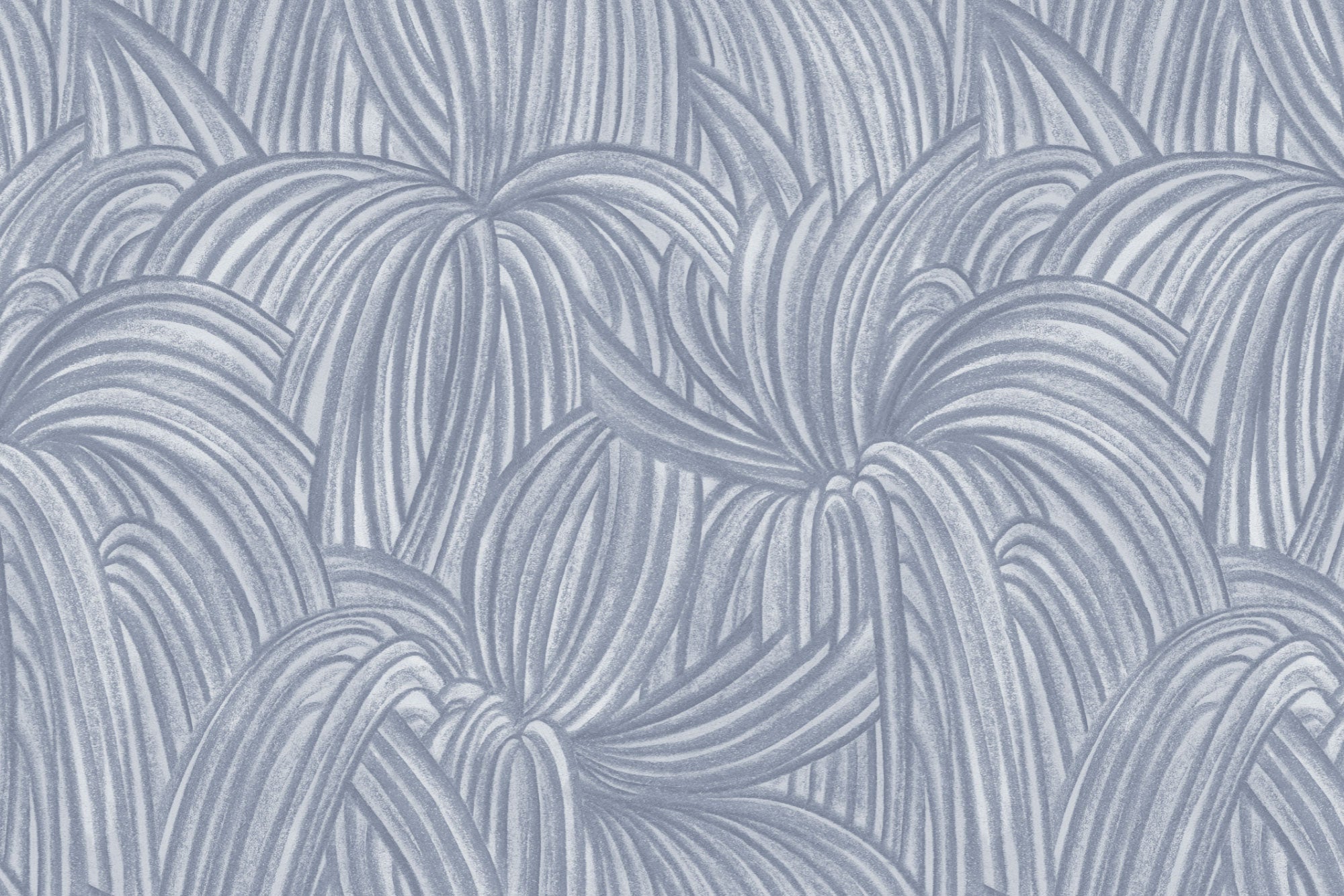 Detail of wallpaper in a textural painted print in blue on a cream field.