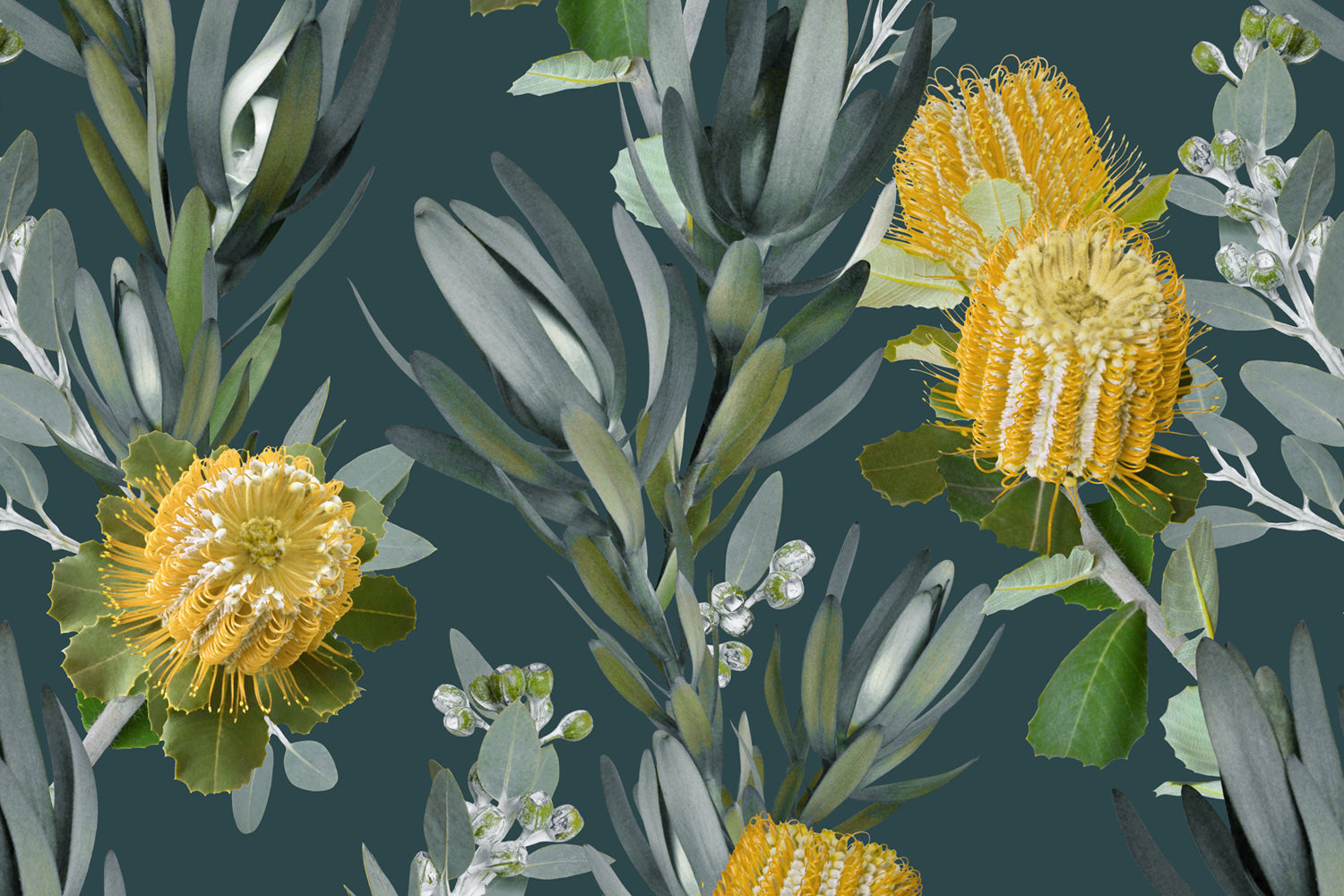 Detail of wallpaper in a photorealistic floral print in shades of yellow, white and green on a navy field.