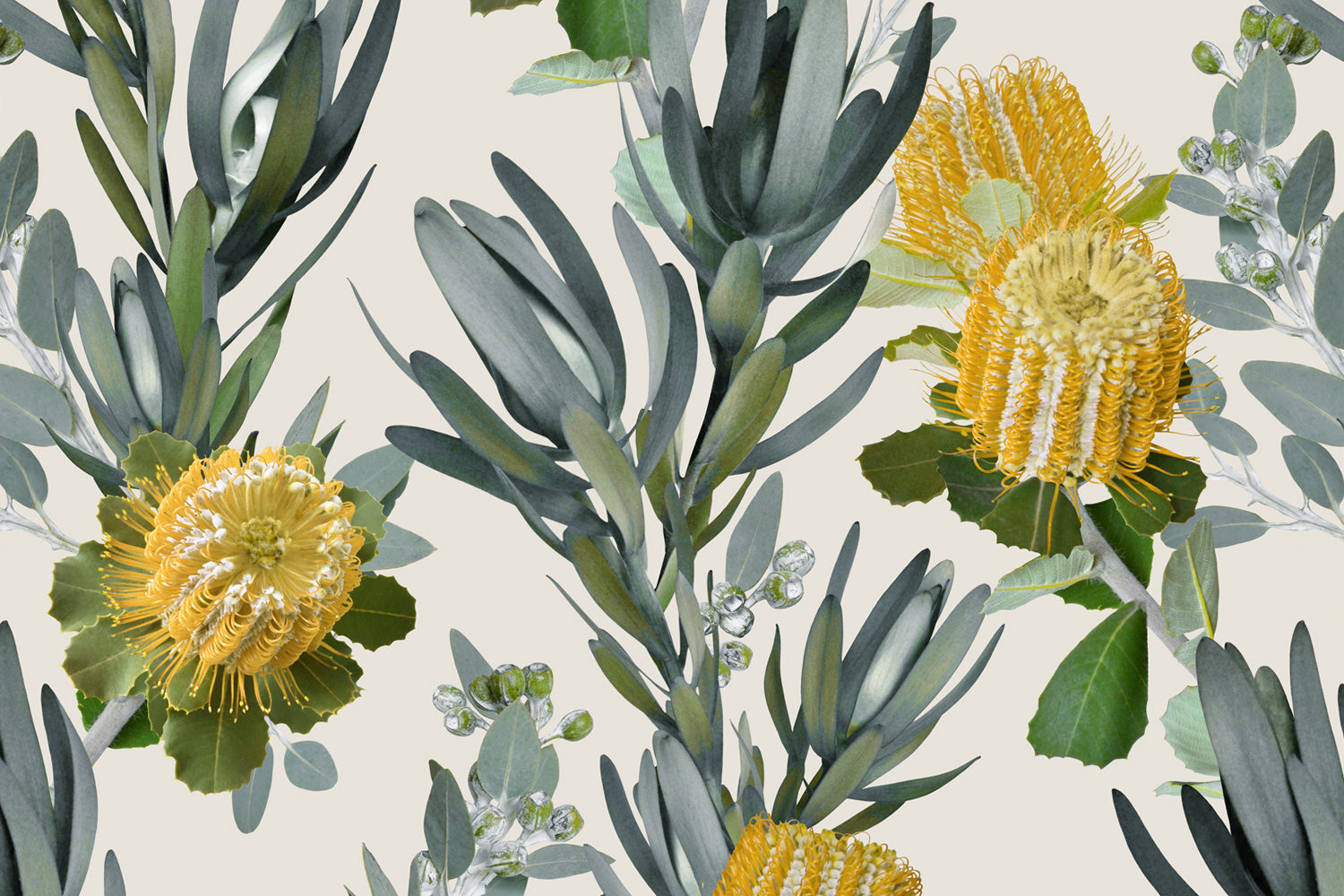 Detail of wallpaper in a photorealistic floral print in shades of yellow, white and green on a cream field.