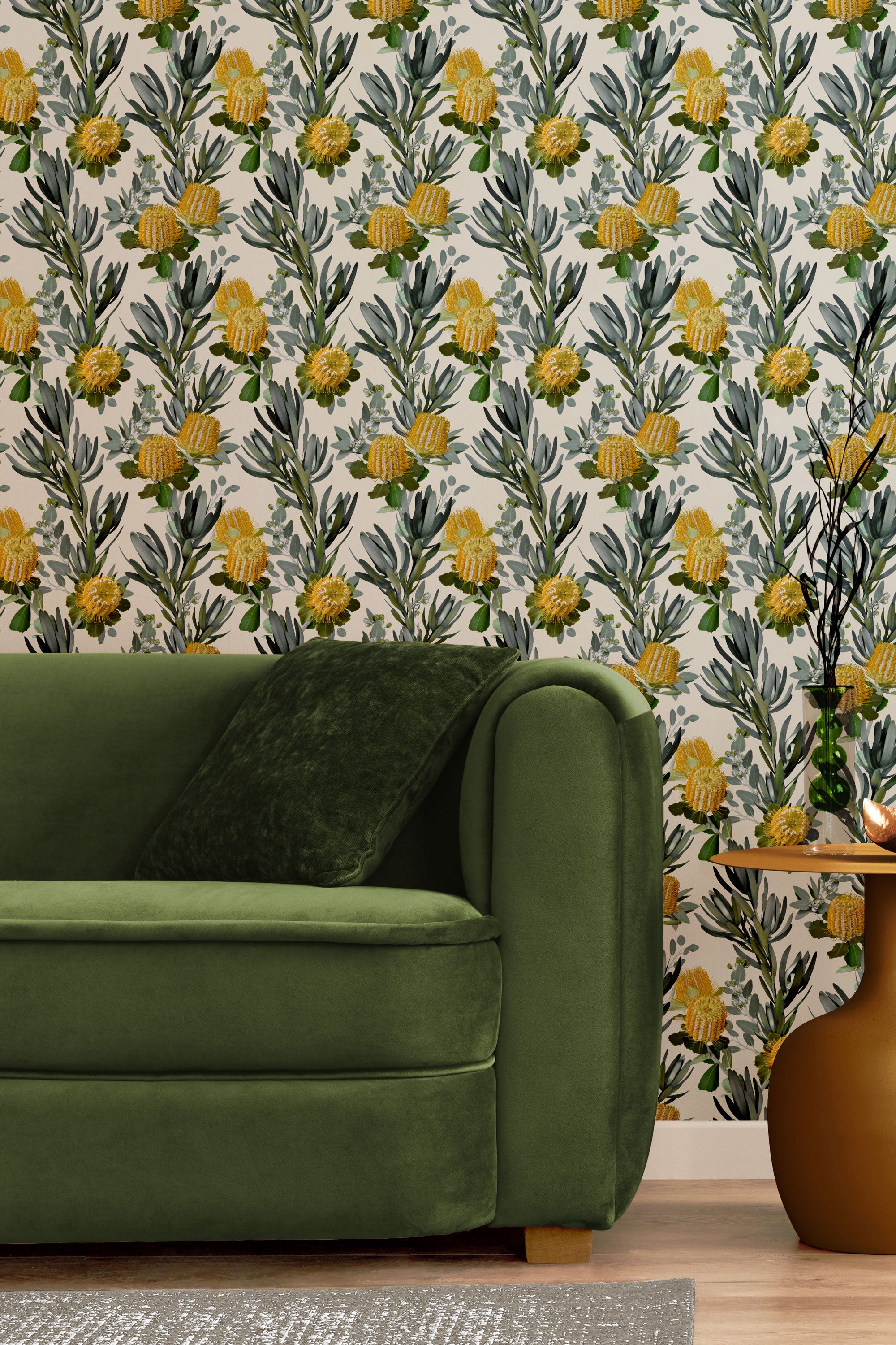 A maximalist living room with a wall papered in a photorealistic floral print in yellow, white, green and cream.