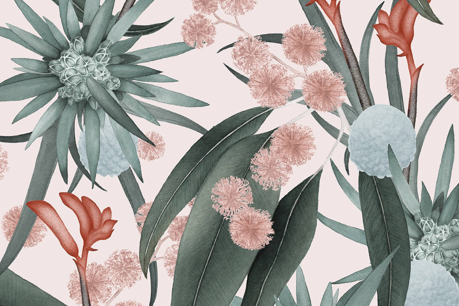 Detail of wallpaper in a large-scale botanical print in shades of blue, turquoise and pink on a light pink field.