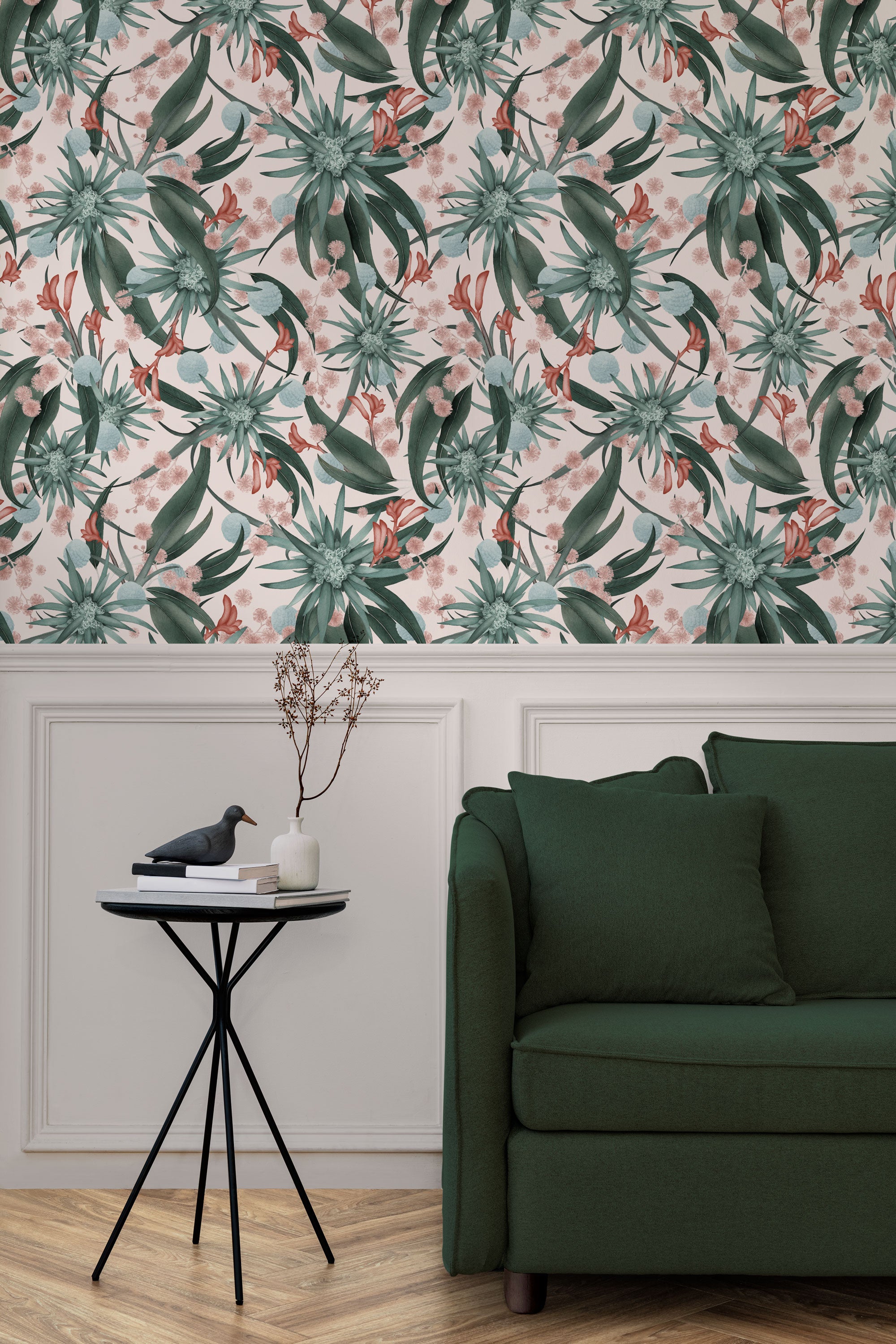 Living room with a wall papered in a large-scale botanical print in blue, turquoise, and pink.