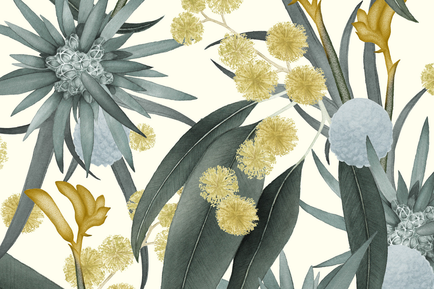 Detail of wallpaper in a large-scale botanical print in shades of blue, turquoise and yellow on a cream field.