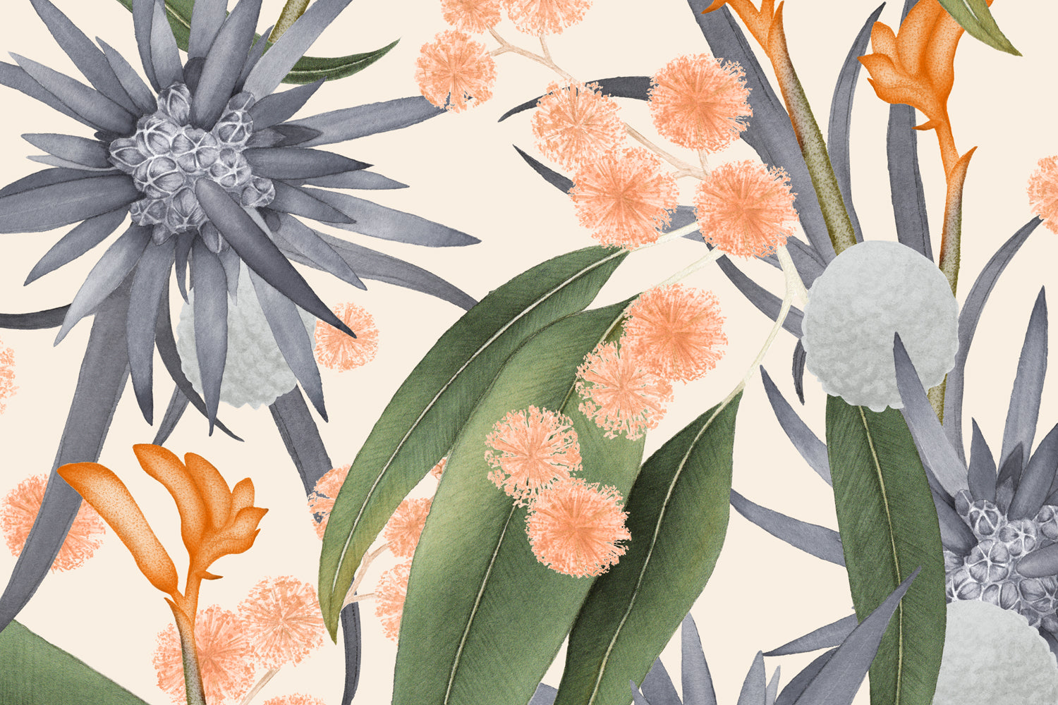 Detail of wallpaper in a large-scale botanical print in shades of blue, green and coral on a cream field.