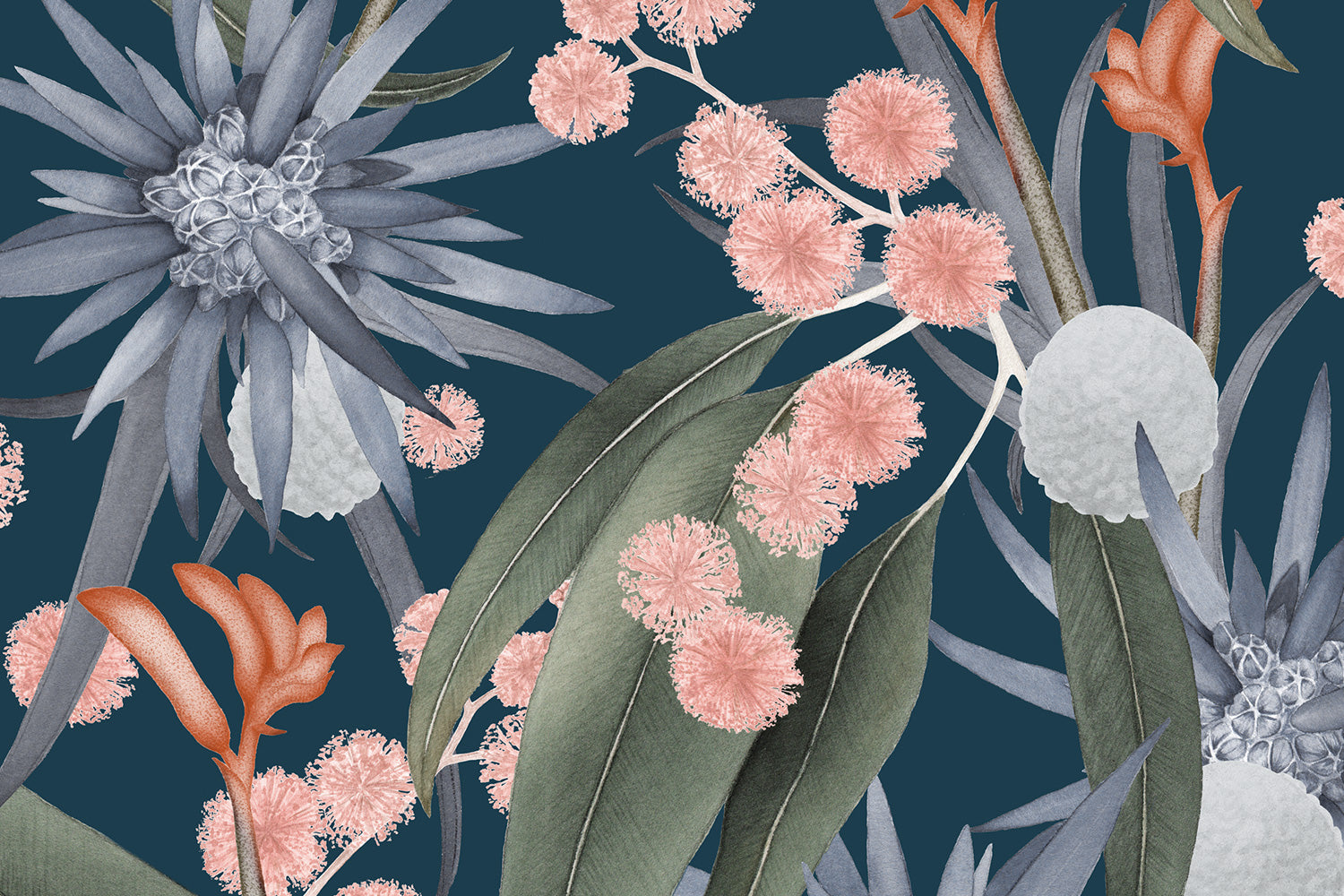Detail of wallpaper in a large-scale botanical print in shades of blue, green and pink on a navy field.