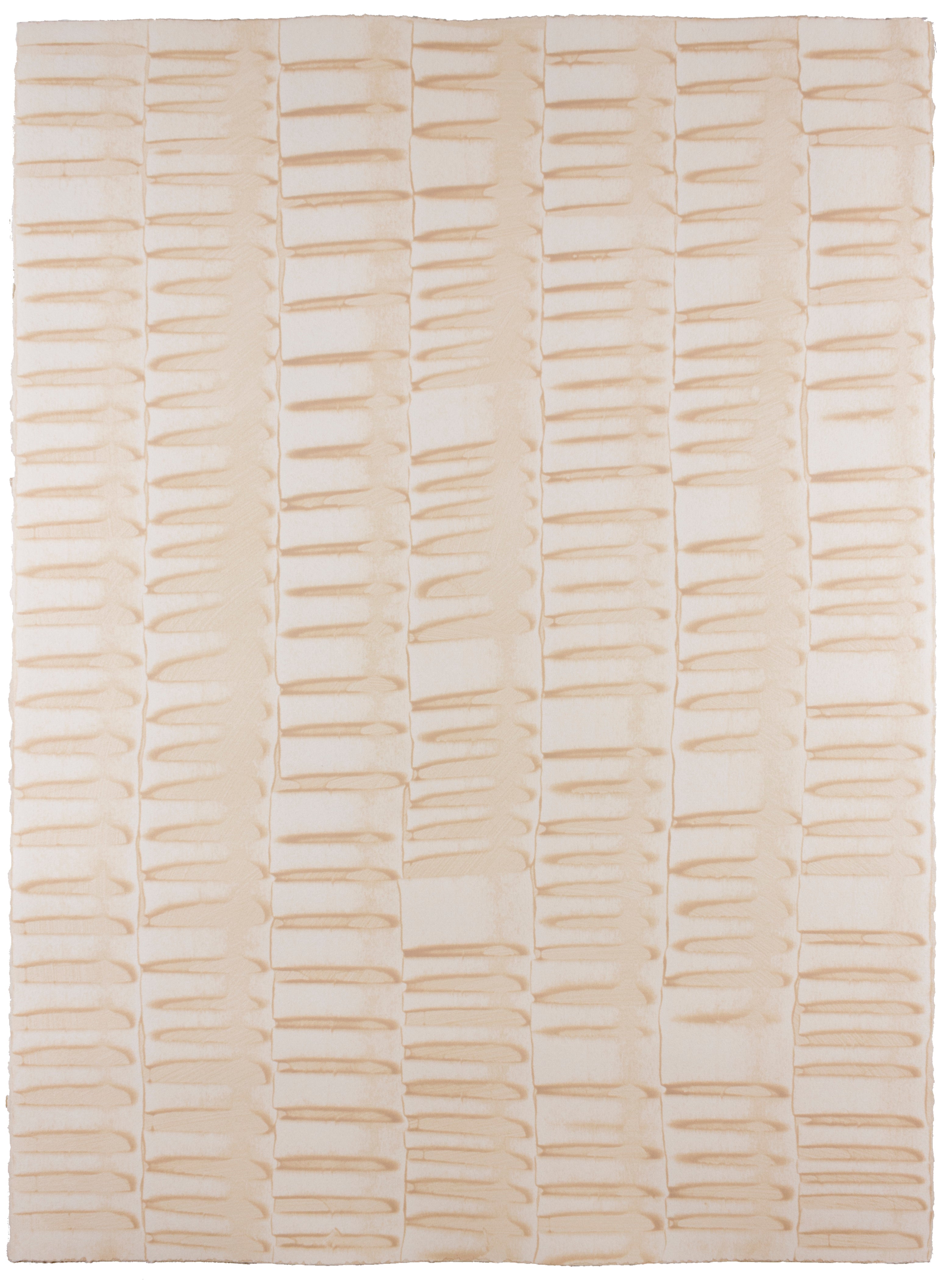 Sheet of hand-painted wallpaper with an undulating ribbon pattern in peach.