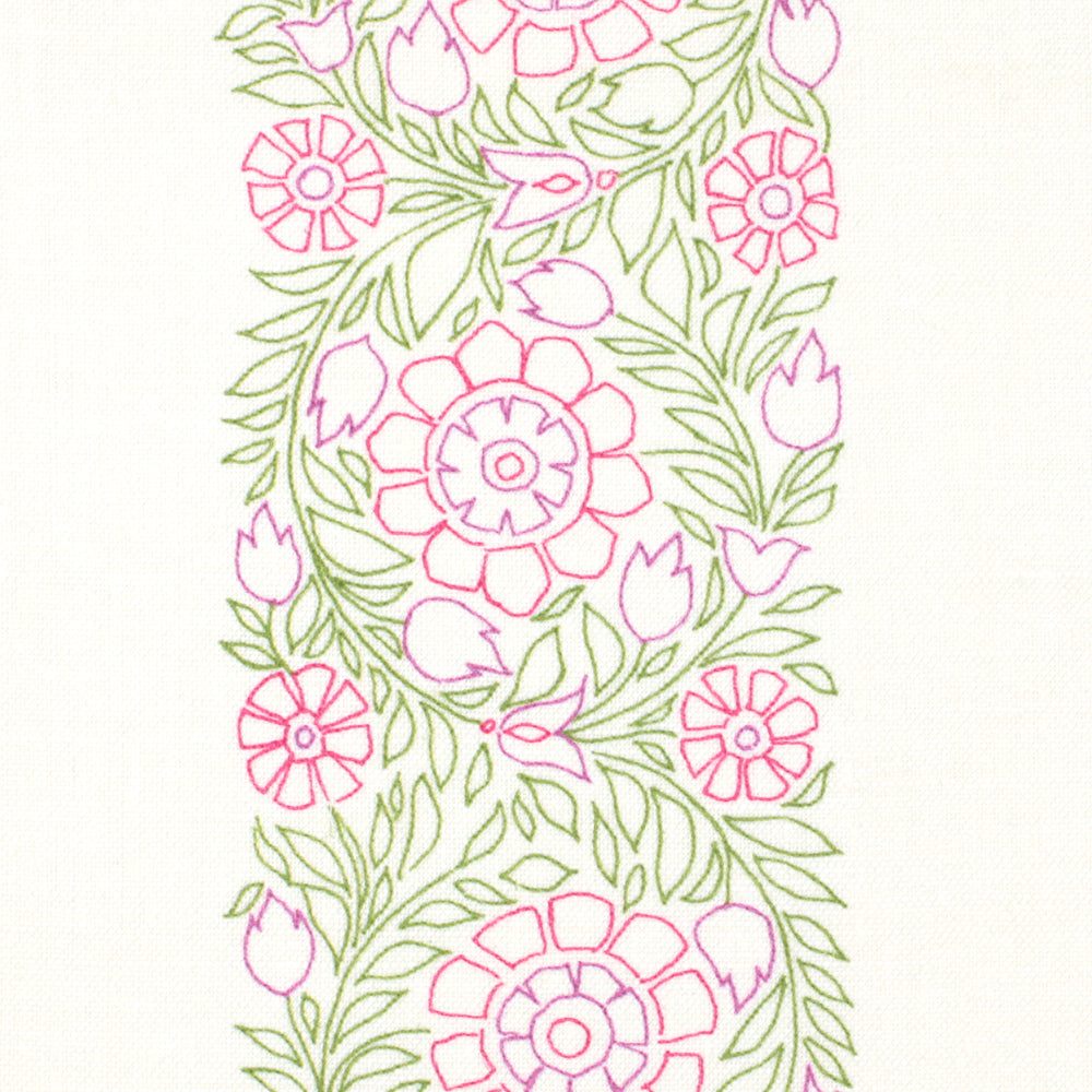 Detail of fabric in a floral stripe print in green, pink and purple on a white field.